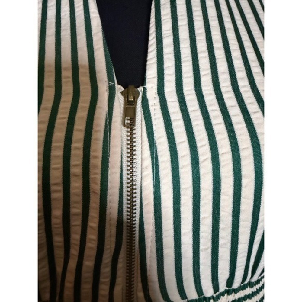 Entro Green White Striped Smocked Waist Puff Sleeve Zipper Front Midi Dress M - Picture 4 of 11
